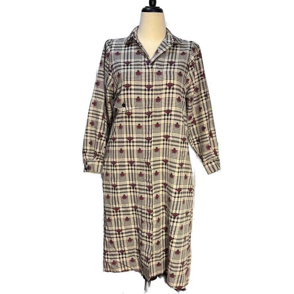 Vintage VTG Schrader Sport Housecoat Black & Cream Plaid Long Sleeve Shirtdress